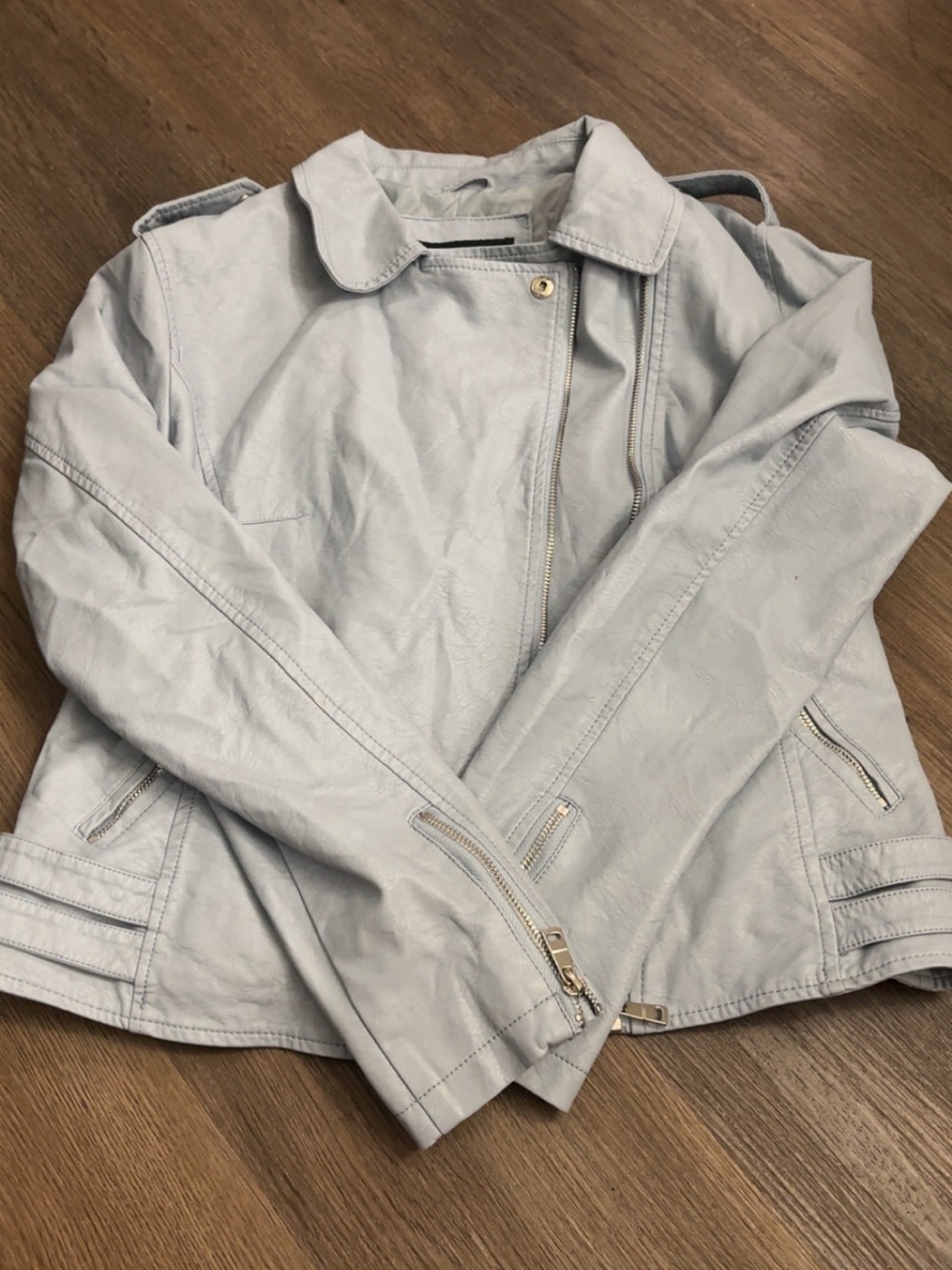 Light Blue Women's Leather Moto Jacket with Zip Details